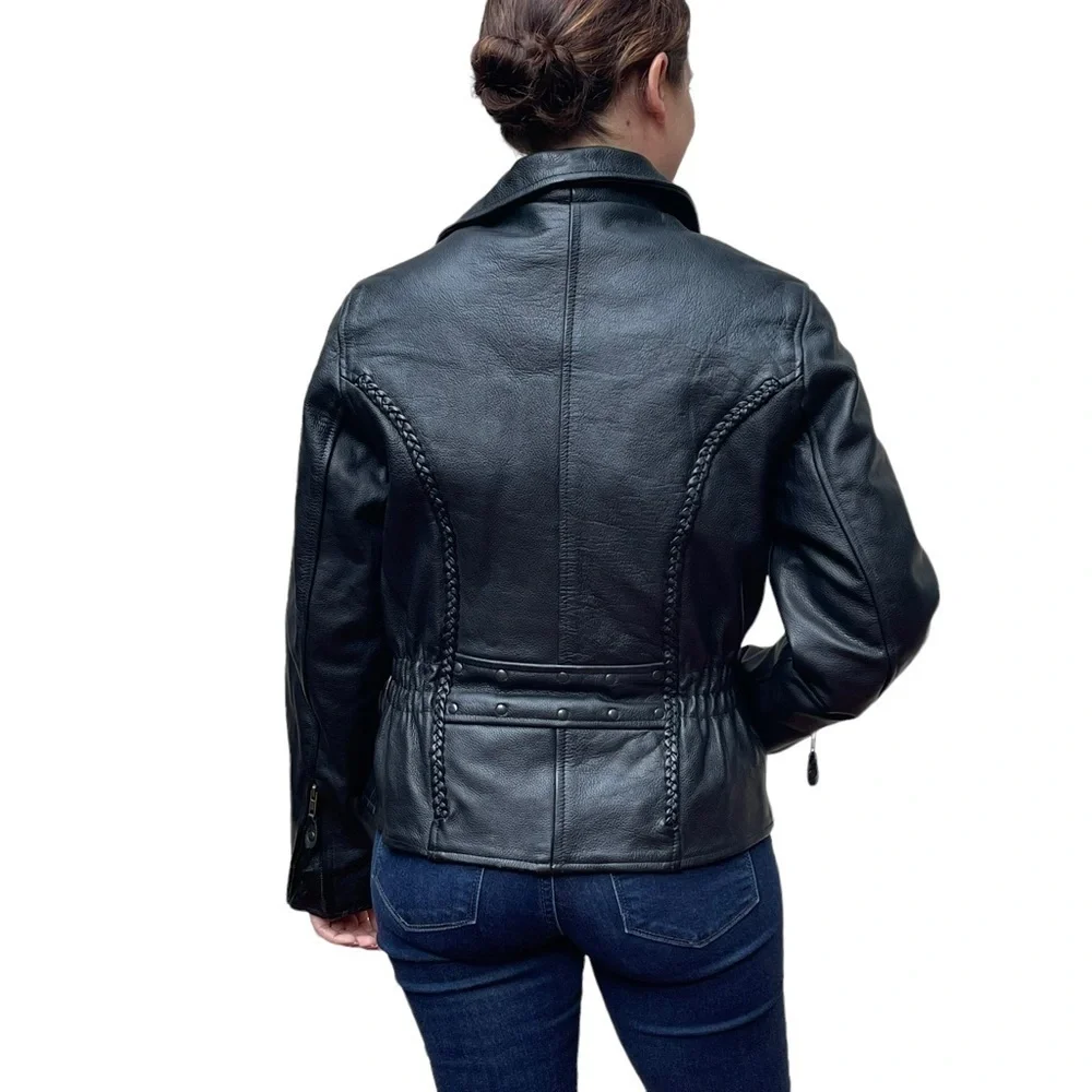 BIKERS DREAM APPAREL HEAVY LEATHER ZIP UP BRAIDED TRIM MOTORCYCLE MOTO JACKET